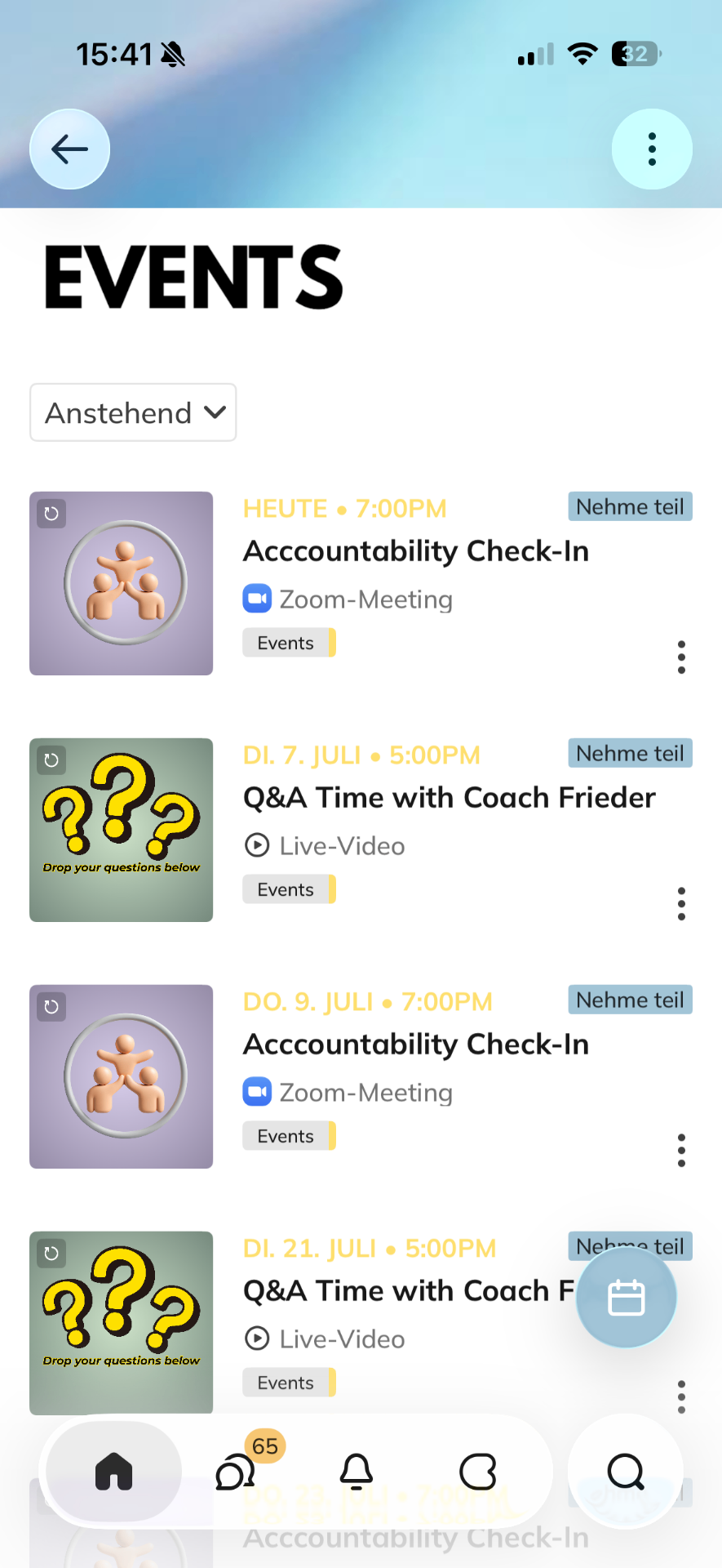 Weekly live events calendar in the members' app