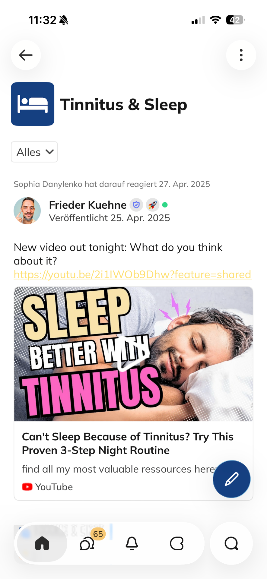 Tinnitus & Sleep space feed inside MyTinnitus Club
