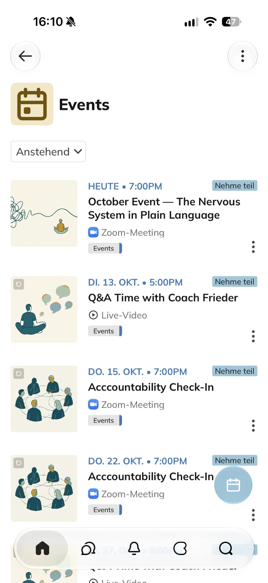 Weekly live events calendar in the members' app