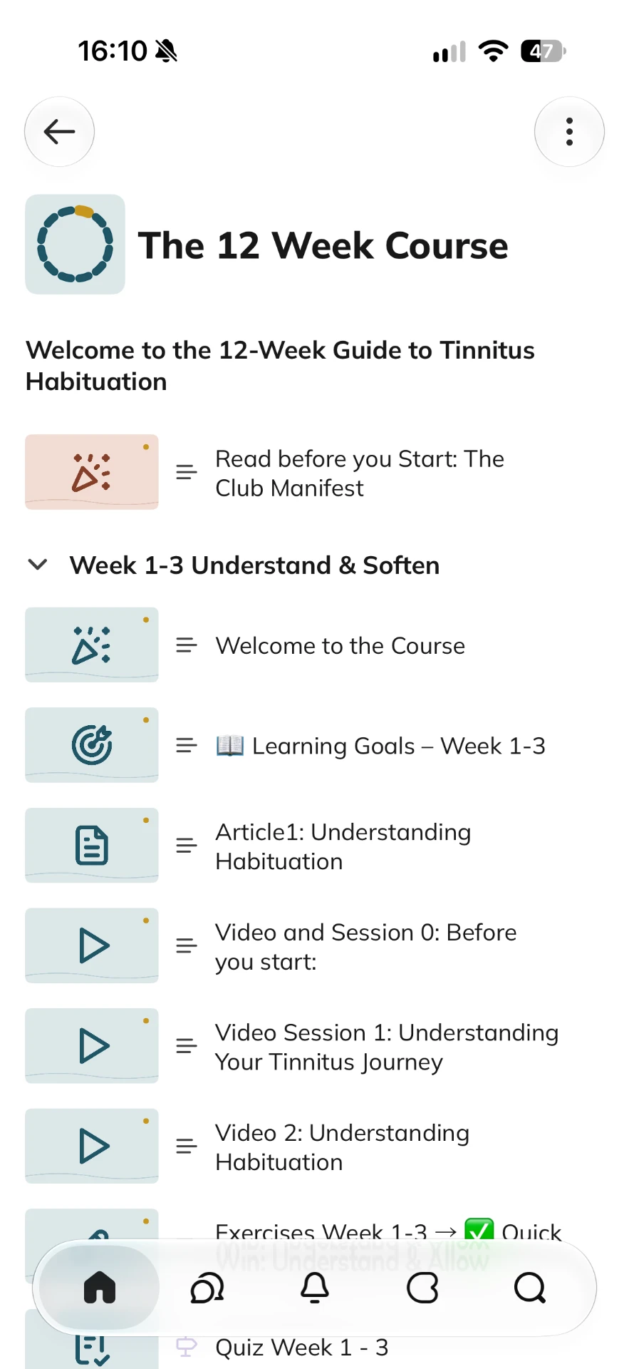 The 12-week course area inside the members' app